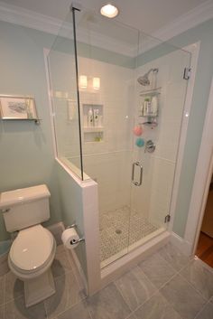 a white toilet sitting next to a walk in shower