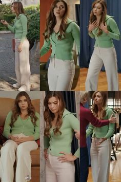 the young woman is posing for pictures in her green sweater and white pants, while she wears