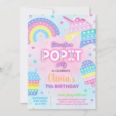 a birthday party card with an ice cream cake and rainbows on the front, in pastel colors