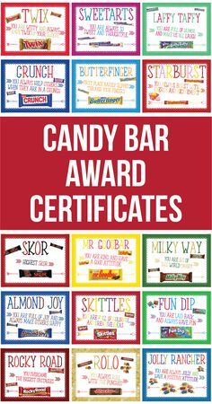 the candy bar award certificate is shown in red, yellow and blue with words on it