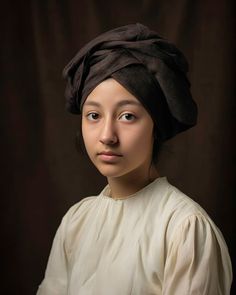 a woman with a black turban on her head and white shirt in front of a dark background