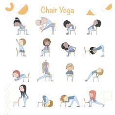 an image of people doing yoga in different poses on chairs with the words chair yoga above them