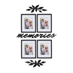 three frames with the words memories hanging on it's side and four photos in each frame