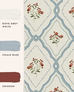 the color scheme for this wallpaper is blue, brown and white with red flowers on it