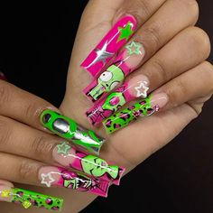 Zombie Acrylic Nails, Nails With Just Nail Polish, Hyperpop Nails, Invader Zim Nail Art, Korn Nail Ideas, Gir Nails Invader Zim, Insane Clown Posse Nails, Killer Klowns From Outer Space Nails