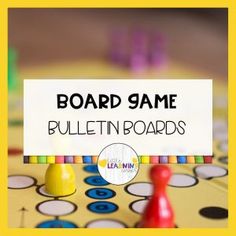 a board game with the words board game bulletin boards on it and two pieces of colored wooden pegs