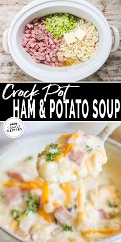 ham and potato soup in a white bowl with a spoon