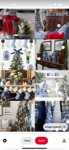 an iphone photo collage with blue and white christmas decorations on display in multiple frames