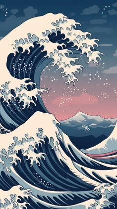 the great wave in the ocean with pink sky and stars above it is an illustration