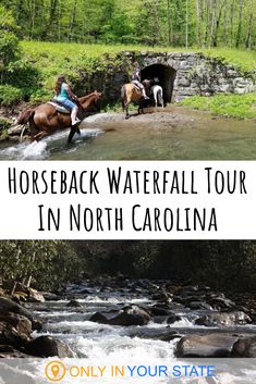 horse back waterfall tour in north carolina with text overlay that reads horseback waterfall tour in north carolina