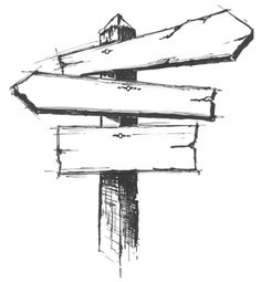 a black and white drawing of a street sign with arrows pointing in different directions to the right