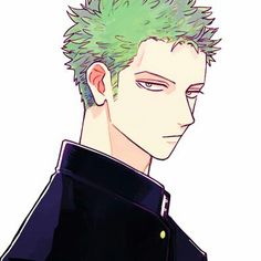 an anime character with green hair wearing a black jacket and looking to his left side