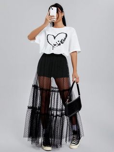 Black and White Casual Collar   Heart  Embellished Medium Stretch  Women Clothing Tshirt And Tulle Skirt, Outfit Bianco E Nero, Sheer Clothes Outfit, Black Tulle Skirt Outfit Casual, Sheer Skirt Outfit, T Shirt And Skirt Outfit, Mesh Skirt Outfit, Mesh Dress Outfit, Polka Dot Skirt Outfit