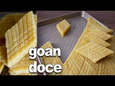 there is a metal tray with pieces of food on it and the words goan doce above them