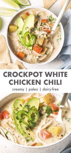 two bowls of crockpot white chicken chili with tortilla chips and avocado