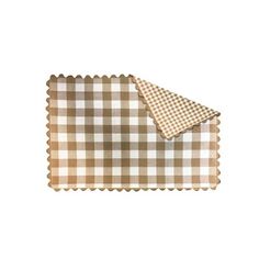 a brown and white checkered placemat with a beige napkin on the top of it