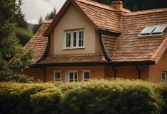 an orange house with a brown roof and white shutters on the windows is surrounded by greenery