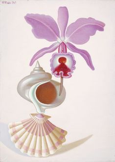 a painting of a pink flower and shell