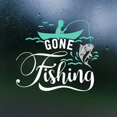 gone fishing sticker on the side of a boat with a person in a kayak