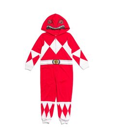 a red and white onesuit with an attached hood