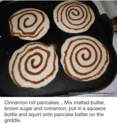 four pancakes are being cooked in a pan on the stove top with cinnamon swirl toppings