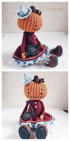 crocheted pumpkin doll sitting on top of a bed