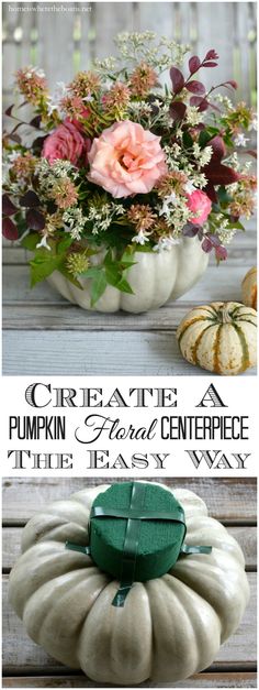 some white pumpkins with flowers in them and the words create a pumpkin grand centerpiece