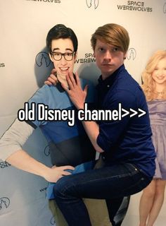 two people posing for a photo with the words old disney channel