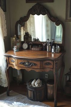 a wooden desk with a mirror on top of it