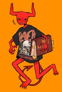 a drawing of a red demon holding a book and wearing a t - shirt with the words haver on it