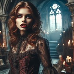 a woman with red hair and makeup in a gothic - inspired setting, surrounded by candles