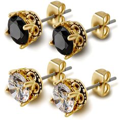 PRICES MAY VARY. Earrings Set - The different color stud earring sets can match your different fashion outfit needs. These golden crown base lateral showing unusual retro embossed design with striking 6 mm central stone, sparkle to make noticeable. Packing - Your order including 1 Pairs black earrings and 1 pairs white CZ gold earrings; A black drawstring pouch, protect the product and prevent loss. Can get ready for gift to the one you love. Hypoallergenic - 316L surgical stainless steel post, Black And Gold Earrings, Gold Earrings For Men, Urban Jewelry, Crown Earrings, Black Stud Earrings, Stud Earrings For Men, Golden Crown, Studs Men, Earring Sets