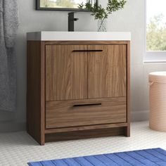 a bathroom with a sink, mirror and rug