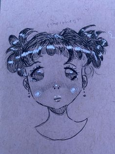 a drawing of a woman's face with blue dots on her eyes and hair