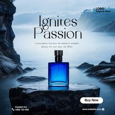 an advertisement for the perfume brand's new line of colognes, featuring a blue bottle