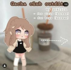 an animated girl standing in front of a jar of honeys with the caption gacha club outfit by u chullin for girls korean - for boys korean