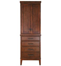 a tall wooden armoire with drawers on the front and bottom shelves in dark wood