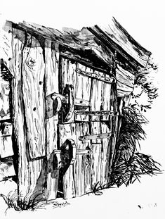 black and white drawing of an old outhouse