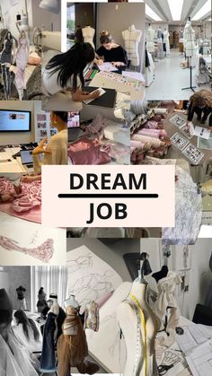 a collage of photos with the words dream job written in black and white on them