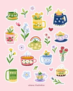 various stickers with flowers and teapots in them on a light pink background