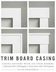 the instructions for trim board casing are shown in four different sizes and colors, including white