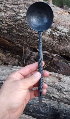 a person holding a metal spoon in their hand next to a tree trunk and log