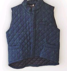 This vintage unique and rare quilted vest in navy blue with a green airplane pattern is a must-have for any fashion-forward individual. Made from 100% cotton knit fabric, this mid-length vest is perfect for all seasons and occasions, including travel, casual wear, and workwear. The vest features a relaxed fit, sleeveless design, and a zip closure, making it easy to wear and style. The vest also comes with pockets, making it practical and functional for everyday wear. The quilted accents add a touch of style and the vintage look is perfect for aviation and outdoor enthusiasts. This vest is machine washable, making it easy to care for and maintain. Available in size small, this vest is a perfect addition to any wardrobe. Military Style Cotton Vest Outerwear, Vintage Blue Sleeveless Vest, Quilted Nylon Functional Vest, Blue Sleeveless Patchwork Vest, Military Style Outdoor Vest Outerwear, Quilted Vest, Looks Vintage, Vintage Looks, Navy Blue