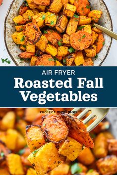 air fryer roasted fall vegetables with text overlay