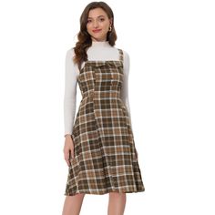 Made of soft and lightweight fabric, this simple vintage dress features plaid patterns with many trendy details. This cute plaid dress is preppy school style and casual, and easy to be paired with different tops or sweaters, for women, ladies, or students. Pair it with tops and blouses in spring, summer, and fall or with sweaters in winter to keep warm. Suitable for casual daily, school day, cafe or tea time, office working, interview, shopping, weekend, dating, party, street style, graduation c Party Street Style, Vintage Pinafore Dress, Womens Plaid Dress, Plaid Dress Vintage, Plaid Dresses, Dresses Brown, Preppy School, Button Decor, Midi Dress Style