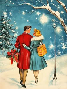 a painting of two people walking in the snow with presents under a tree and street light