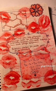 an open notebook with red lipstick drawn on it and some writing in the pages next to it