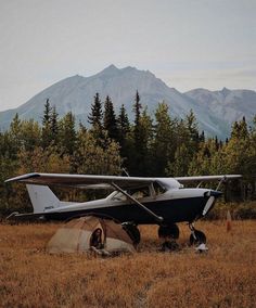 an airplane sitting in the middle of a field with trees and mountains in the background