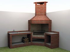 a brick oven with two sinks and a fire place next to it on the grass