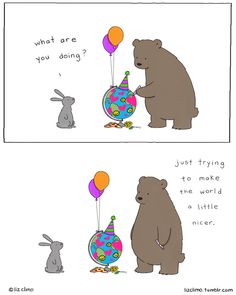 two cartoon pictures one with a bear and the other with a bunny holding up balloons